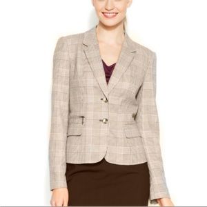🎁SALE Calvin Klein Petite Plaid Taupe Blazer Gold Hardware Accent Zipper NWOT